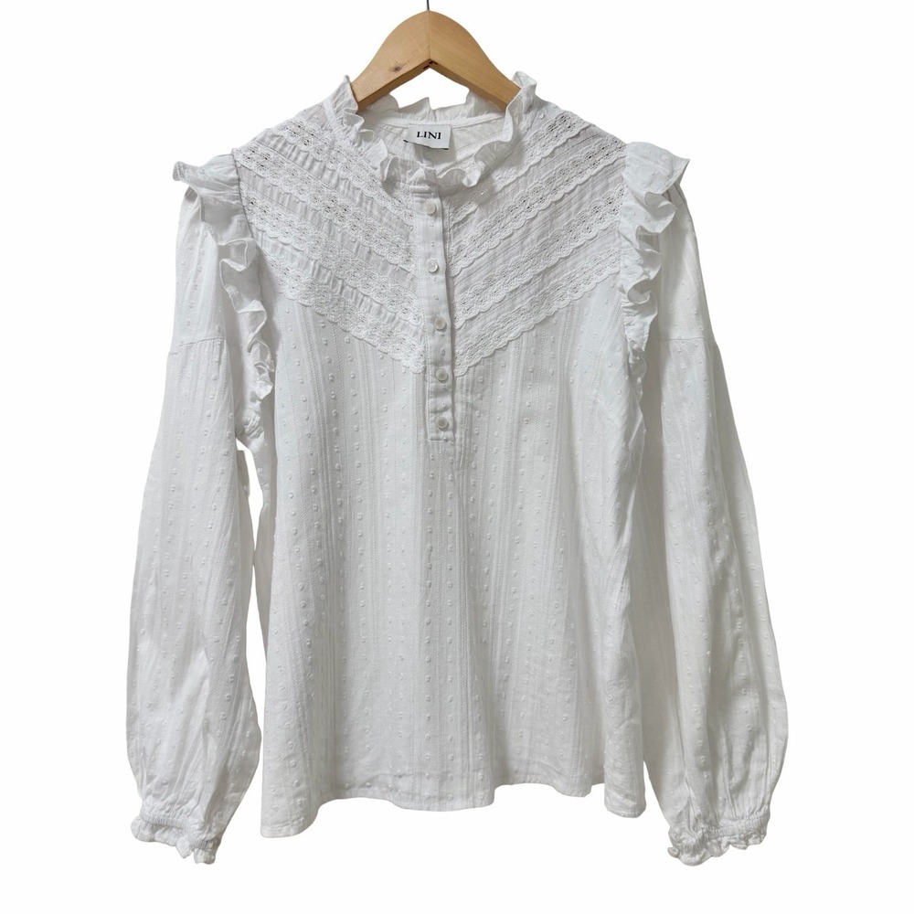 LINI Love It Need It Ruffled Lace Trim Blouse  Size M White Cottage Prairie